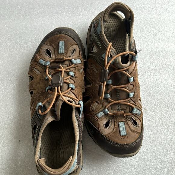 Merrell Vibram Water Shoes 8.5  Women’s Brown Blue Slip On Sandals Hike Camp - Picture 10 of 13
